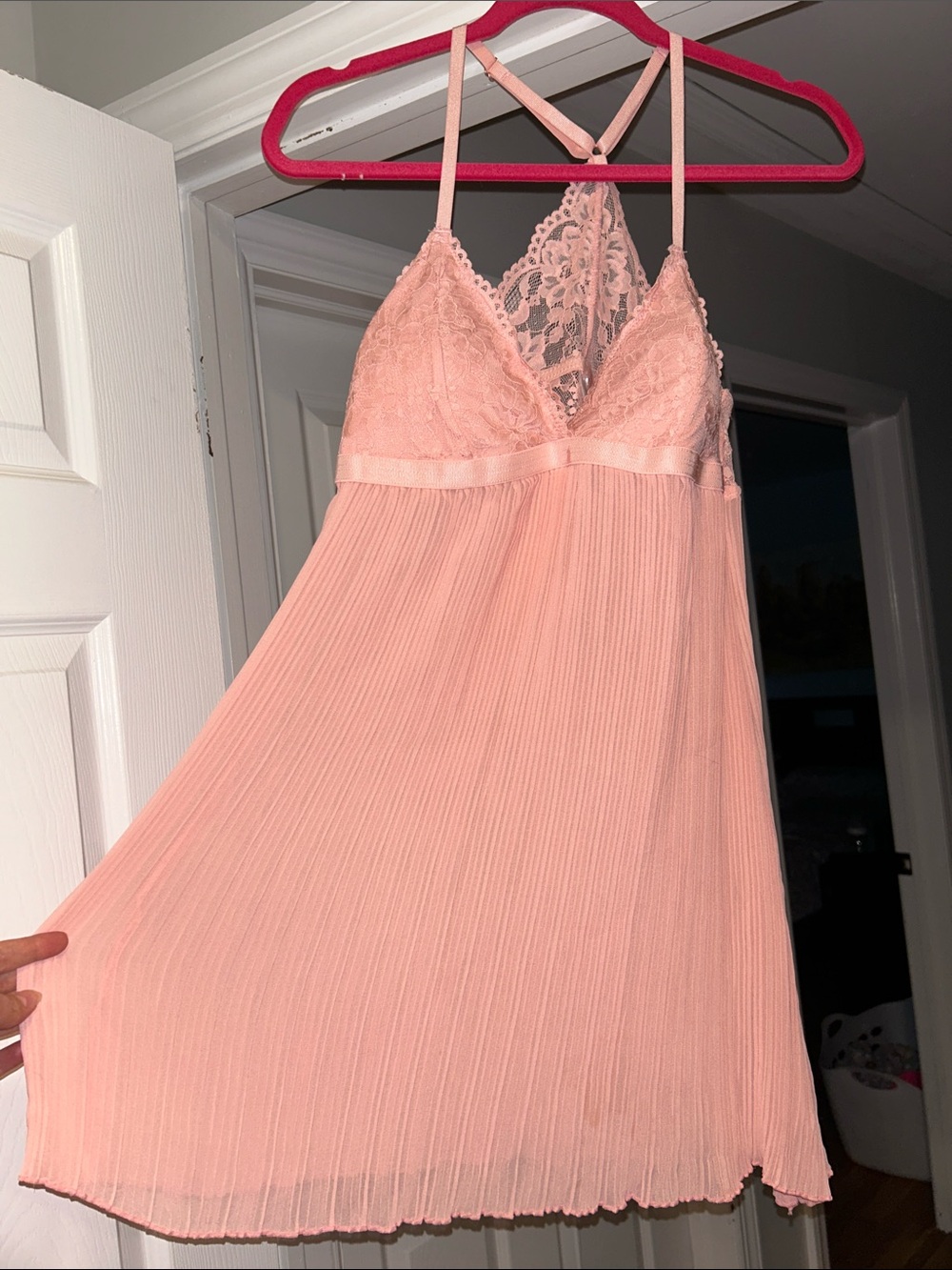 Lace-Trim Pleated Chemise Nightdress in Blush Pink